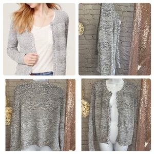 L - EUC Loft Fringe Trim Cardigan - Style #395756 - Blue/Cream